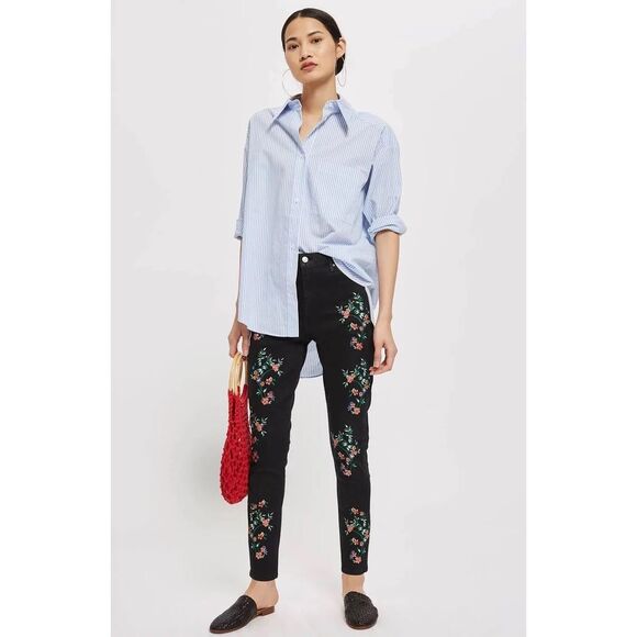 Topshop Denim - Topshop Jamie Jean in Black Floral Embroidery Size 28